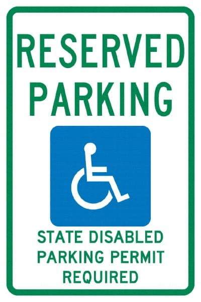 NMC - "Reserved Parking State Disabled Parking Permit Required", "Handicap Symbol", 12" Wide x 18" High, Aluminum ADA Signs - 0.04" Thick, Green & Blue on White, Rectangle, Post Mount - All Tool & Supply