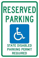 NMC - "Reserved Parking State Disabled Parking Permit Required", "Handicap Symbol", 12" Wide x 18" High, Aluminum ADA Signs - 0.04" Thick, Green & Blue on White, Rectangle, Post Mount - All Tool & Supply