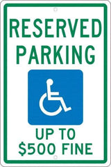 NMC - "Reserved Parking Up To $500 Fine", "Handicap Symbol", 12" Wide x 18" High, Aluminum ADA Signs - 0.063" Thick, Green & Blue on White, Rectangle, Post Mount - All Tool & Supply