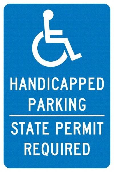 NMC - "Handicapped Parking State Permit Required", "Handicap Symbol", 12" Wide x 18" High, Aluminum ADA Signs - 0.04" Thick, White on Blue, Rectangle, Post Mount - All Tool & Supply