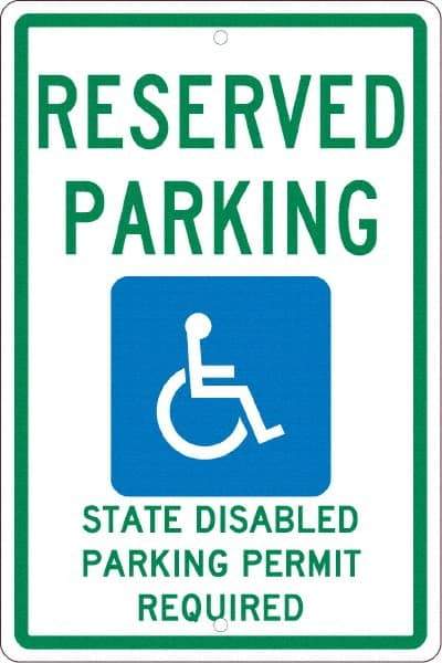 NMC - "Reserved Parking State Disabled Parking Permit Required", "Handicap Symbol", 12" Wide x 18" High, Aluminum ADA Signs - 0.063" Thick, Green & Blue on White, Rectangle, Post Mount - All Tool & Supply