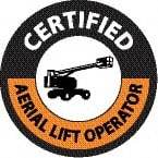 NMC - Certified Aerial Lift Operator, Hard Hat Label - Round, Black & Orange on White, 0.004" Thick, Indoor or Outdoor, Adhesive Backed, For Certified Operator - All Tool & Supply