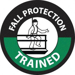 NMC - Fall Protection Trained, Hard Hat Label - Round, White & Green on Black, 0.004" Thick, Indoor or Outdoor, Adhesive Backed, For Accident Prevention - All Tool & Supply