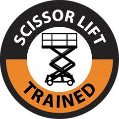 NMC - Scissor Lift Trained, Hard Hat Label - Round, Black & Orange on White, 0.004" Thick, Indoor or Outdoor, Adhesive Backed, For Accident Prevention - All Tool & Supply