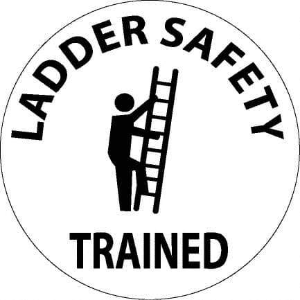 NMC - Ladder Safety Trained, Hard Hat Label - Round, Black on White, 0.004" Thick, Indoor or Outdoor, Adhesive Backed, For Accident Prevention - All Tool & Supply