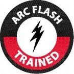 NMC - Arc Flash Trained, Hard Hat Label - Round, White & Red on Black, 0.004" Thick, Indoor or Outdoor, Adhesive Backed, For Accident Prevention - All Tool & Supply