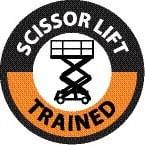 NMC - Scissor Lift Trained, Hard Hat Label - Round, Black & Orange on White, 0.004" Thick, Indoor or Outdoor, Adhesive Backed, For Accident Prevention - All Tool & Supply