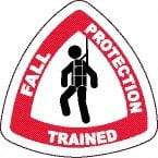 NMC - Fall Protection Trained, Hard Hat Label - Diamond, Black & Red on White, 0.004" Thick, Indoor or Outdoor, Adhesive Backed, For Accident Prevention - All Tool & Supply