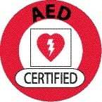 NMC - AED Certified, Hard Hat Label - Round, Black & Red on White, 0.004" Thick, Indoor or Outdoor, Adhesive Backed, For Certified Operator - All Tool & Supply