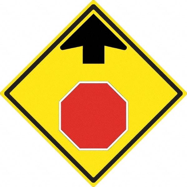 NMC - "Up Arrow, Stop Symbol", 24" Wide x 24" High, Aluminum Stop & Yield Signs - 0.08" Thick, Red & Black on Yellow, High Intensity Reflectivity, Diamond, Post Mount - All Tool & Supply