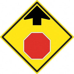 NMC - "Up Arrow, Stop Symbol", 24" Wide x 24" High, Aluminum Stop & Yield Signs - 0.08" Thick, Red & Black on Yellow, High Intensity Reflectivity, Diamond, Post Mount - All Tool & Supply