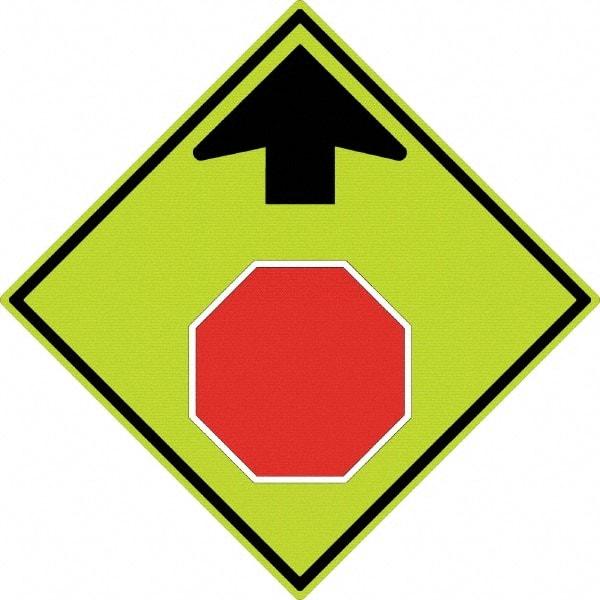 NMC - "Up Arrow, Stop Symbol", 30" Wide x 30" High, Aluminum Stop & Yield Signs - 0.08" Thick, Red & Black on Yellow, Diamond Grade Reflectivity, Diamond, Post Mount - All Tool & Supply