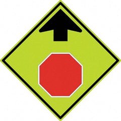 NMC - "Up Arrow, Stop Symbol", 30" Wide x 30" High, Aluminum Stop & Yield Signs - 0.08" Thick, Red & Black on Yellow, Diamond Grade Reflectivity, Diamond, Post Mount - All Tool & Supply