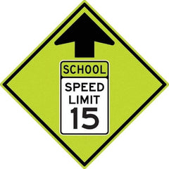 NMC - "School Speed Limit 15", "Up Arrow", 30" Wide x 30" High, Aluminum Warning & Safety Reminder Signs - 0.08" Thick, Black/Green, Diamond Grade Reflectivity, Diamond, Post Mount - All Tool & Supply