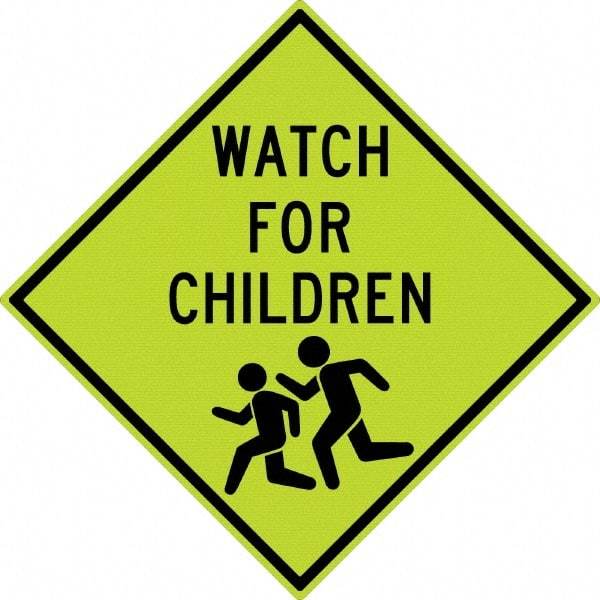 NMC - "Watch For Children", "Children Running", 30" Wide x 30" High, Aluminum Warning & Safety Reminder Signs - 0.08" Thick, Black on Yellow, Diamond Grade Reflectivity, Diamond, Post Mount - All Tool & Supply