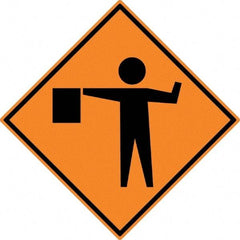 NMC - "Worker w/Directional Flag", 30" Wide x 30" High, Aluminum Construction Roadway Signs - 0.08" Thick, Black on Orange, High Intensity Reflectivity, Diamond, Post Mount - All Tool & Supply