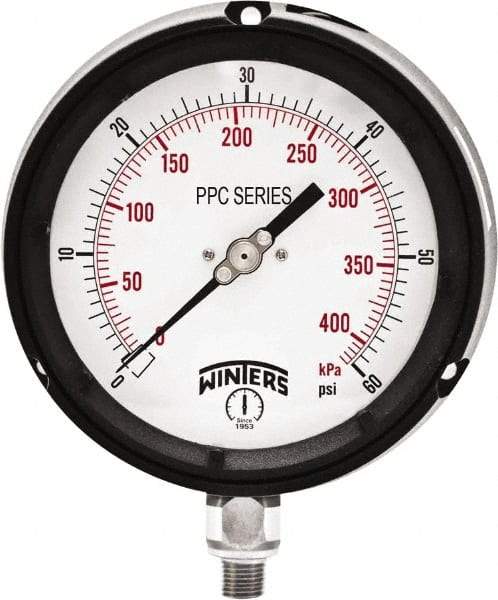 Winters - 4-1/2" Dial, 1/4 Thread, 0-60 Scale Range, Pressure Gauge - Bottom Connection Mount, Accurate to ±0.5% of Scale - All Tool & Supply