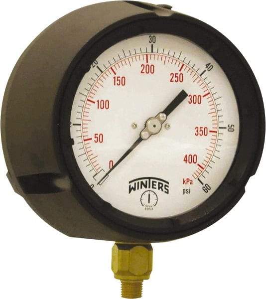 Winters - 4-1/2" Dial, 1/4 Thread, 0-60 Scale Range, Pressure Gauge - Bottom Connection Mount, Accurate to ±0.5% of Scale - All Tool & Supply