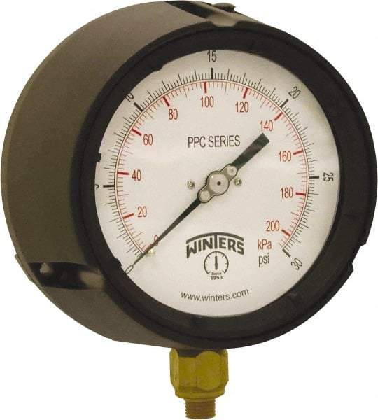 Winters - 4-1/2" Dial, 1/4 Thread, 0-30 Scale Range, Pressure Gauge - Bottom Connection Mount, Accurate to ±0.5% of Scale - All Tool & Supply