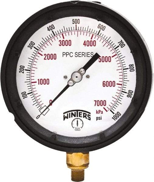 Winters - 4-1/2" Dial, 1/4 Thread, 0-1,000 Scale Range, Pressure Gauge - Bottom Connection Mount, Accurate to ±0.5% of Scale - All Tool & Supply