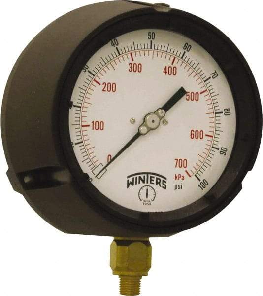 Winters - 4-1/2" Dial, 1/4 Thread, 0-100 Scale Range, Pressure Gauge - Bottom Connection Mount, Accurate to ±0.5% of Scale - All Tool & Supply