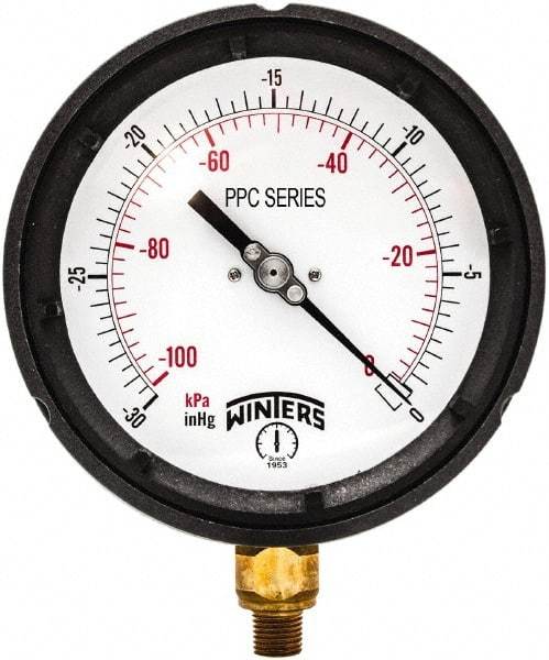 Winters - 4-1/2" Dial, 1/4 Thread, 30" HG Vac Scale Range, Pressure Gauge - Bottom Connection Mount, Accurate to ±0.5% of Scale - All Tool & Supply