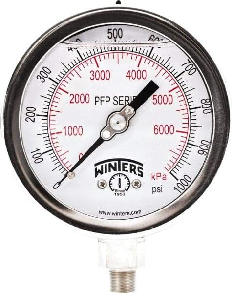 Winters - 4" Dial, 1/4 Thread, 0-1,000 Scale Range, Pressure Gauge - Bottom Connection Mount, Accurate to 0.01% of Scale - All Tool & Supply