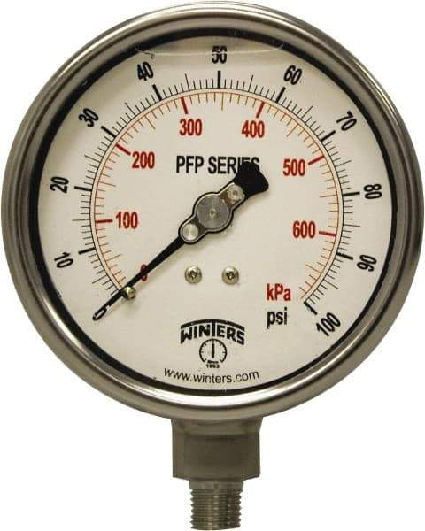 Winters - 4" Dial, 1/4 Thread, 0-100 Scale Range, Pressure Gauge - Bottom Connection Mount, Accurate to 0.01% of Scale - All Tool & Supply