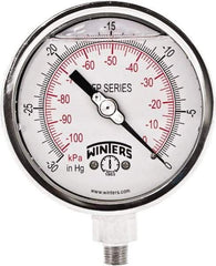 Winters - 4" Dial, 1/4 Thread, 30" HG Vac Scale Range, Pressure Gauge - Bottom Connection Mount, Accurate to 0.01% of Scale - All Tool & Supply