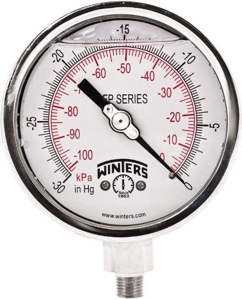 Winters - 4" Dial, 1/4 Thread, 30" HG Vac Scale Range, Pressure Gauge - Bottom Connection Mount, Accurate to 0.01% of Scale - All Tool & Supply