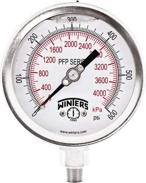 Winters - 4" Dial, 1/4 Thread, 0-600 Scale Range, Pressure Gauge - Bottom Connection Mount, Accurate to 0.01% of Scale - All Tool & Supply