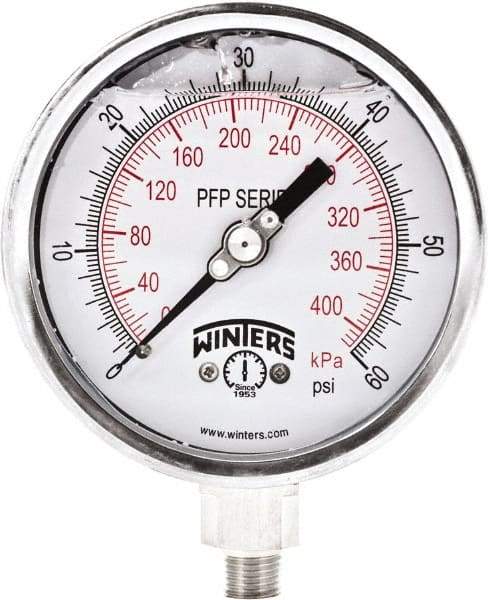 Winters - 4" Dial, 1/4 Thread, 0-60 Scale Range, Pressure Gauge - Bottom Connection Mount, Accurate to 0.01% of Scale - All Tool & Supply