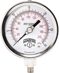 Winters - 4" Dial, 1/4 Thread, 0-30 Scale Range, Pressure Gauge - Bottom Connection Mount, Accurate to 1% Full-Scale of Scale - All Tool & Supply