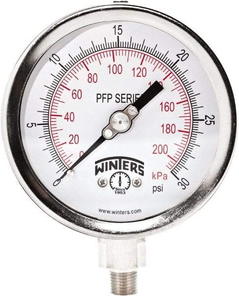 Winters - 4" Dial, 1/4 Thread, 0-30 Scale Range, Pressure Gauge - Bottom Connection Mount, Accurate to 0.01% of Scale - All Tool & Supply