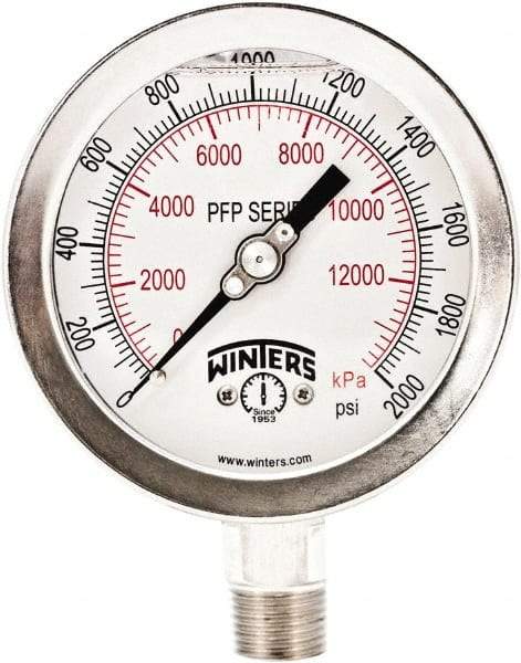 Winters - 4" Dial, 1/4 Thread, 0-2,000 Scale Range, Pressure Gauge - Bottom Connection Mount, Accurate to 1% Full-Scale of Scale - All Tool & Supply