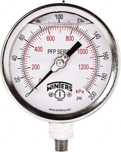 Winters - 4" Dial, 1/4 Thread, 0-200 Scale Range, Pressure Gauge - Bottom Connection Mount, Accurate to 1% Full-Scale of Scale - All Tool & Supply