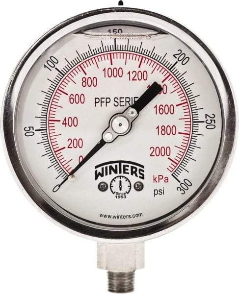 Winters - 4" Dial, 1/4 Thread, 0-300 Scale Range, Pressure Gauge - Bottom Connection Mount, Accurate to 1% Full-Scale of Scale - All Tool & Supply