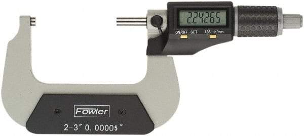 Fowler - 2 to 3" Range, 0.00005" Resolution, Standard Throat IP54 Electronic Outside Micrometer - 0.0002" Accuracy, Ratchet Stop Thimble, Carbide Face, CR2032 Battery - All Tool & Supply