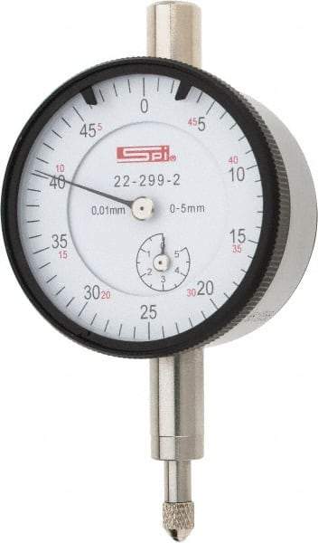 SPI - 5mm Range, 0-50 Dial Reading, 0.01mm Graduation Dial Drop Indicator - 42mm Dial, 0.5mm Range per Revolution, 0.016mm Accuracy, Includes NIST Traceability Certification - All Tool & Supply