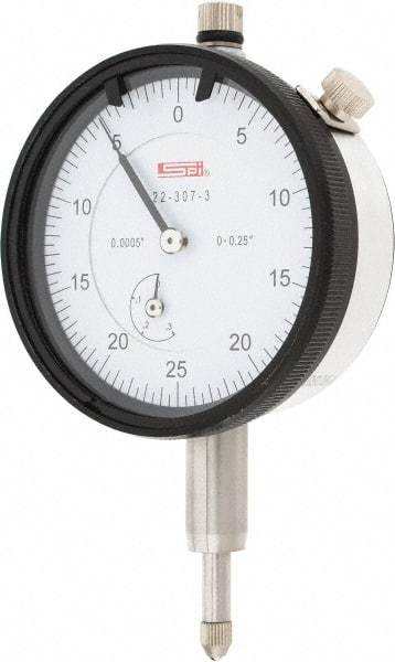 SPI - 1/4" Range, 0-25-0 Dial Reading, 0.0005" Graduation Dial Drop Indicator - 2.2" Dial, 0.05" Range per Revolution, 0.0015" Accuracy, Revolution Counter, Includes NIST Traceability Certification - All Tool & Supply