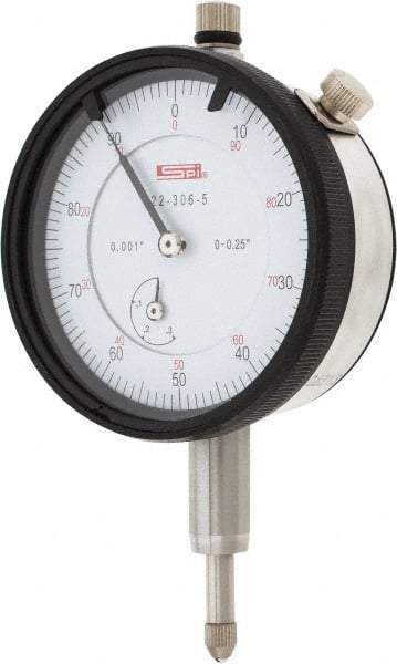 SPI - 1/4" Range, 0-100 Dial Reading, 0.001" Graduation Dial Drop Indicator - 2.2" Dial, 0.1" Range per Revolution, 0.002" Accuracy, Revolution Counter, Includes NIST Traceability Certification - All Tool & Supply