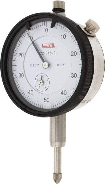 SPI - 1/2" Range, 0-50-0 Dial Reading, 0.001" Graduation Dial Drop Indicator - 2.2" Dial, 0.1" Range per Revolution, 0.002" Accuracy, Revolution Counter, Includes NIST Traceability Certification - All Tool & Supply