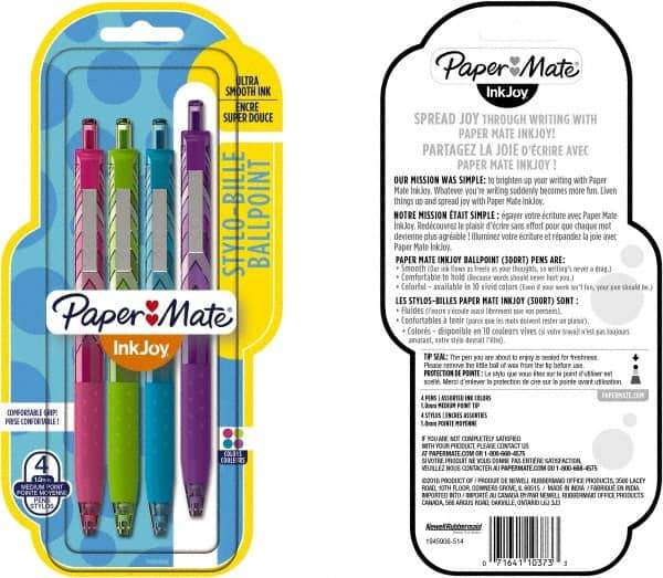 Paper Mate - 1mm Ball Point Retractable Ball Point Pen - Pink, Lime, Turquoise & Purple - All Tool & Supply