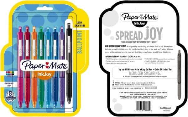 Paper Mate - 1mm Ball Point Retractable Ball Point Pen - Pink, Red, Orange, Green, Turquoise, Blue, Purple & Black - All Tool & Supply