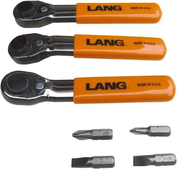 Lang - 7 Piece, Silver/Orange/Black Ratcheting Bit Driver Set - For Use with Various Applications - All Tool & Supply