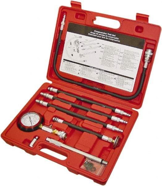 Lang - 8 Piece Dial Engine Compression Test Kit - 300 Max Pressure, 0 to 300 PSI (0 to 21 Kg/cm2) Scale - All Tool & Supply