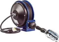 CoxReels - 16 AWG, 30' Cable Length, Cord & Cable Reel with Incandescent Hand Lamp with Tool Tap Plug End - 1 Outlet, NEMA 5-15R, 13 Amps, 115 Volts, SJTO Cable, Blue Reel, Spring Driven Reel - All Tool & Supply