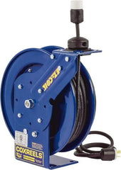 CoxReels - 16 AWG, 50' Cable Length, Cord & Cable Reel with Outlet End - 1 Outlet, NEMA 5-15R, 13 Amps, 115 Volts, SJO Cable, Blue Reel, Spring Driven Reel - All Tool & Supply