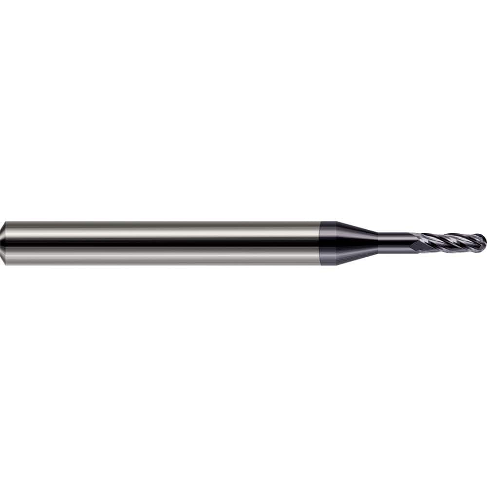 Ball End Mill: 0.118″ Dia, 0.354″ LOC, 4 Flute, Solid Carbide 1-1/2″ OAL, 1/8″ Shank Dia, 30 ° Helix, AlTiN Coated, Single End