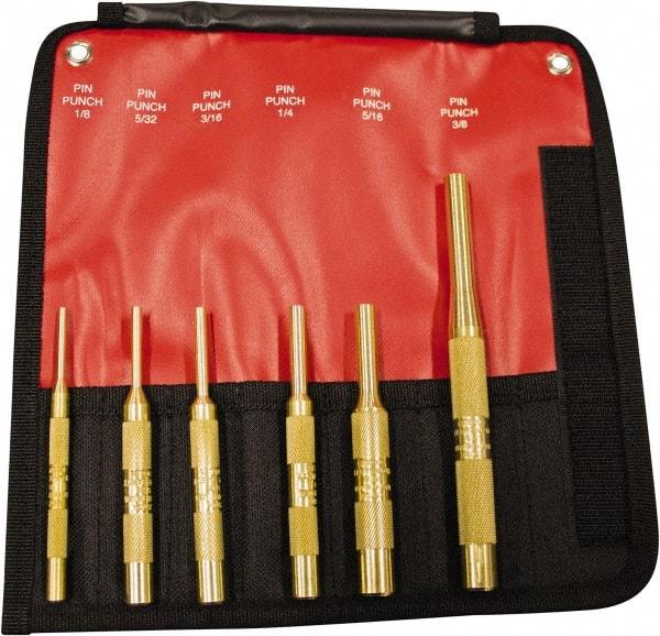 Mayhew - 6 Piece, 1/8 to 3/8", Pin Punch Set - Round Shank, Brass, Comes in Pouch - All Tool & Supply